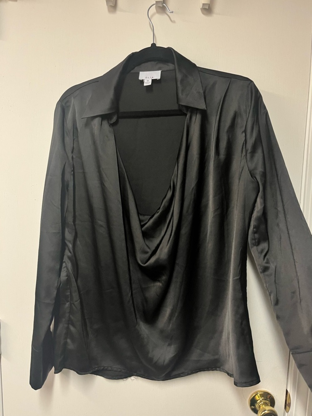 Olia Black Satin Drape Neck Blouse Women’s Medium Long Sleeve